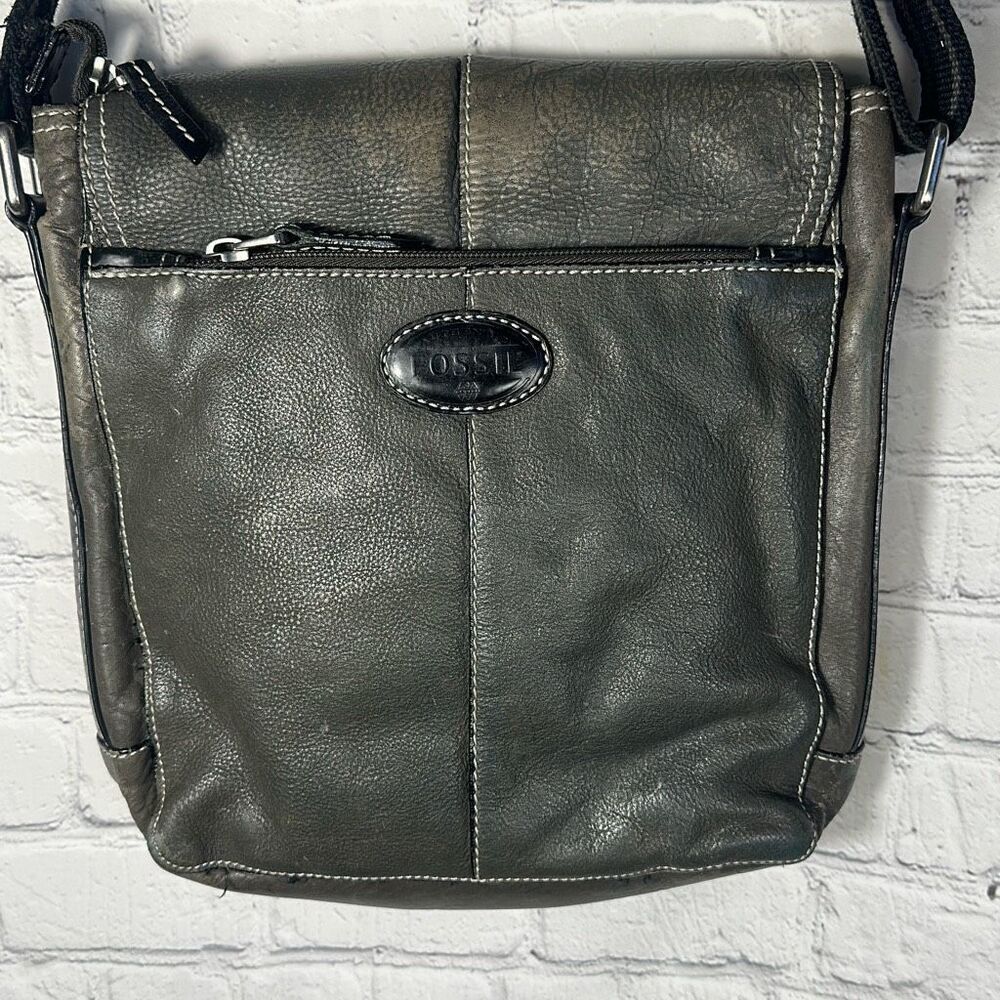 FOSSIL Gray Pebbled Distressed Leather Messenger Cross‎ Body  Work School Bag